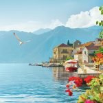 Scenic view of Perast with a beautiful landscape, historic buildings, and a seagull flying in the sky - Kotor Bay, Montenegro