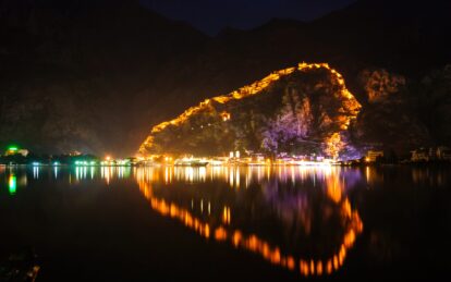 Illuminated Old Fortress Of Kotor, Montenegro At Night.